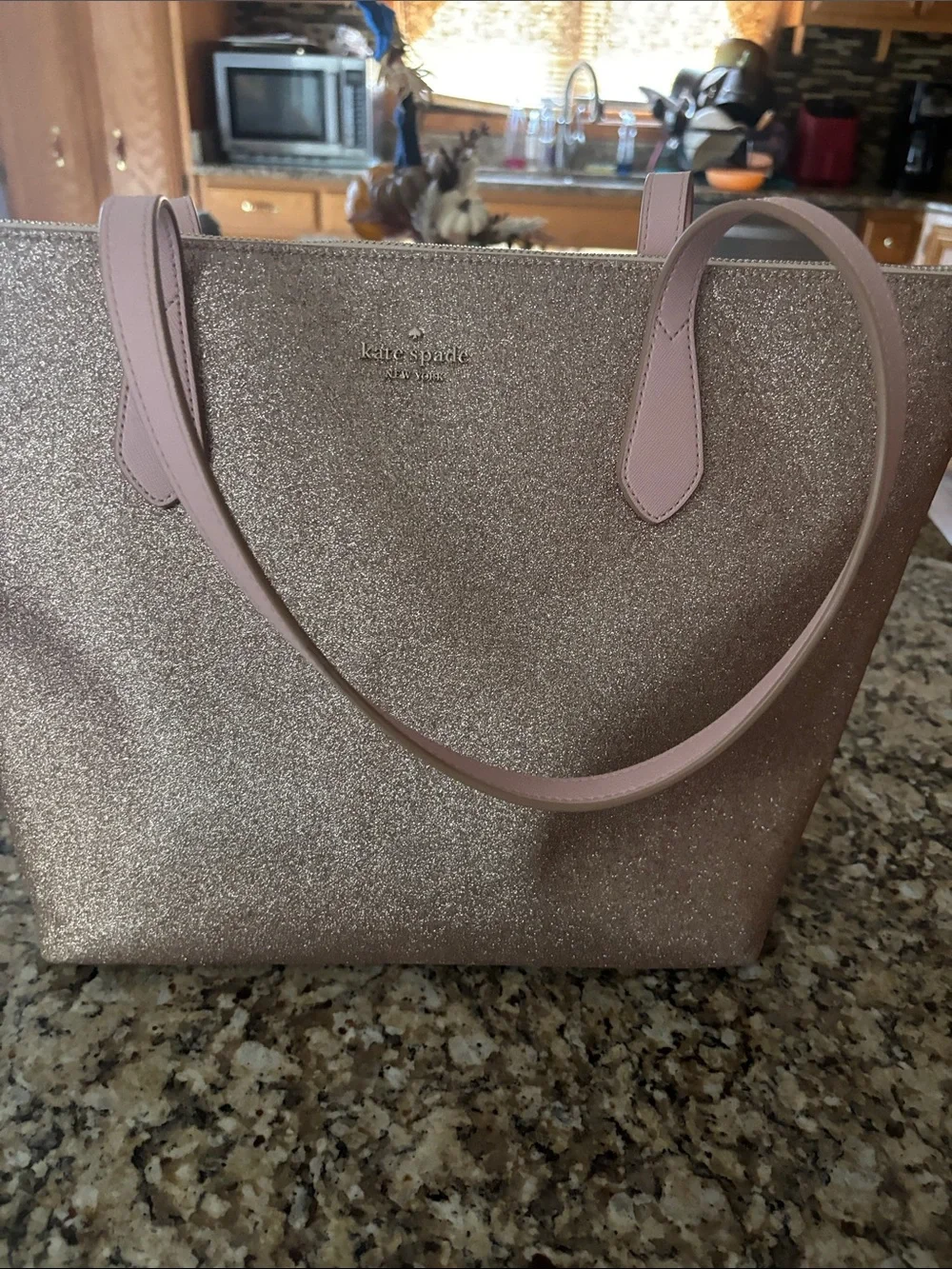 kate spade rose gold shimmer tote with blush straps